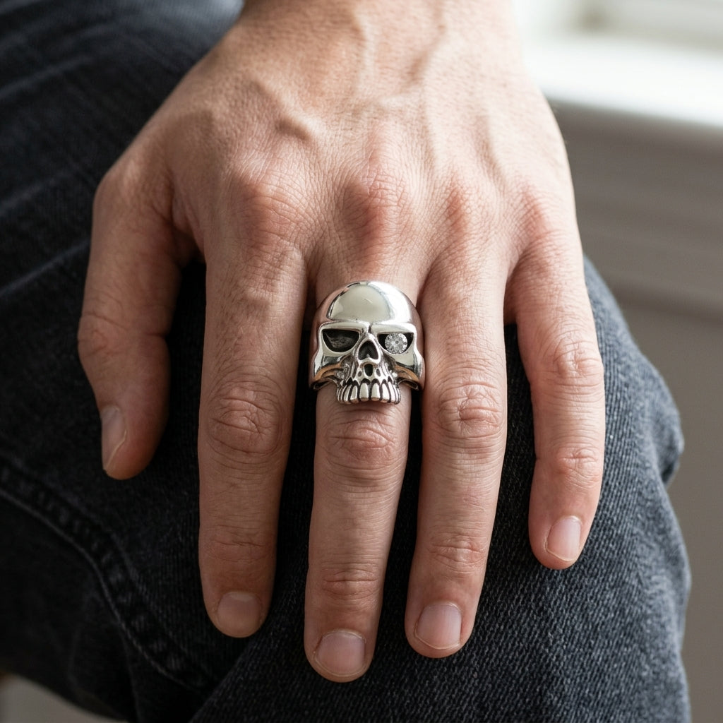 แหวนเงินแท้ 925 กะโหลกผิวเรียบ ตา CZ ใส สวมบนนิ้ว