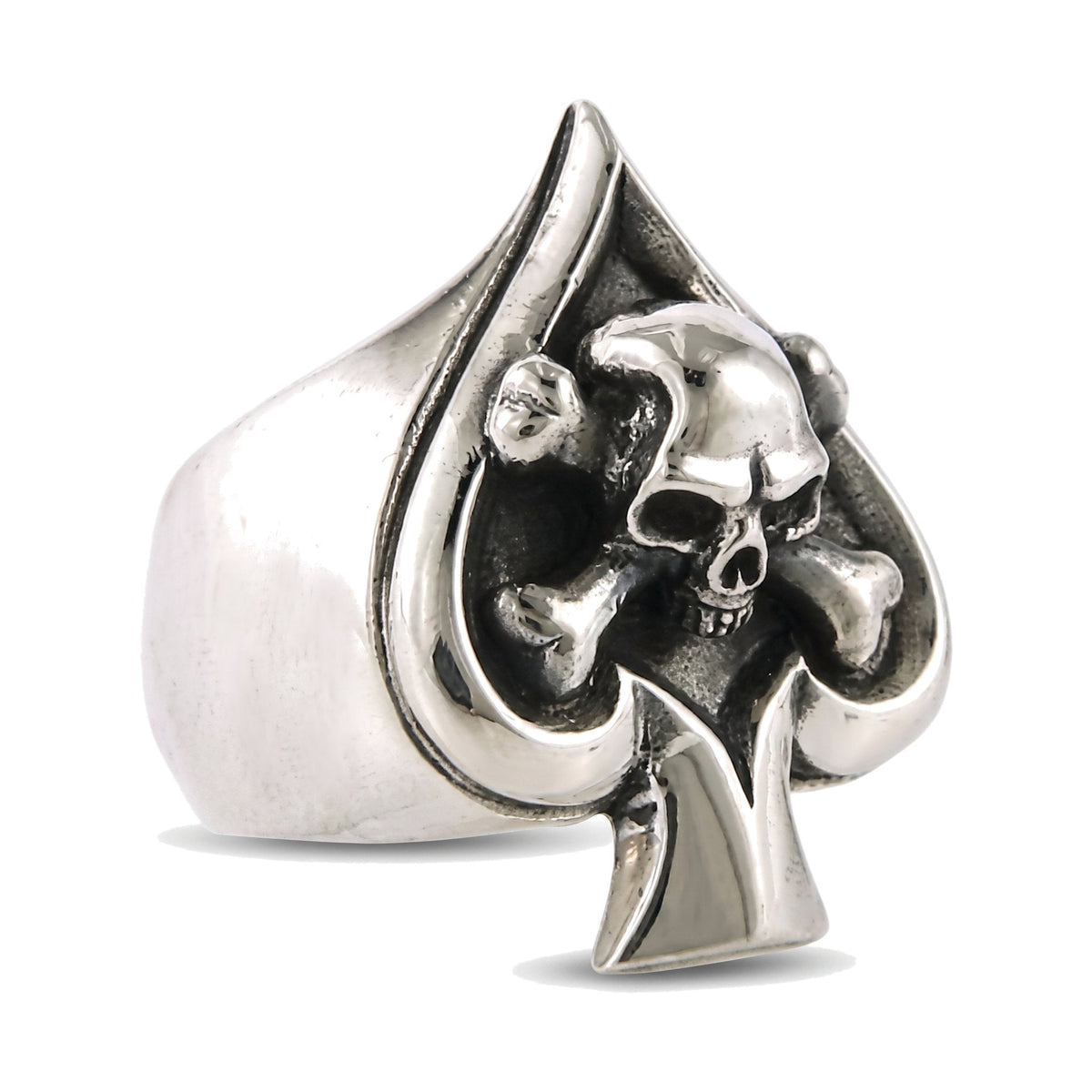 แหวนเงินแท้ 925 กะโหลกกระดูกไขว้ กรอบโพดำ มุมเฉียงอีกฝั่ง