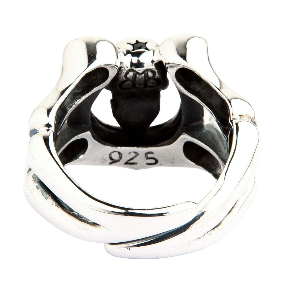 แหวนเงินแท้ 925 กะโหลกเกือกม้า ฝัง CZ ดำ ด้านในวงและตรา 925