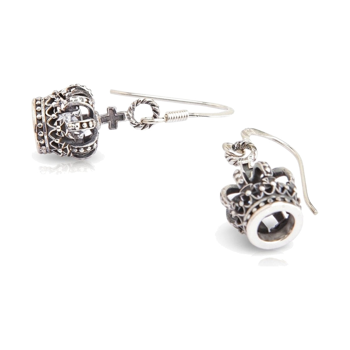 ต่างหูมงกุฎกางเขนเงินแท้ 925 CZ ใส — มงกุฎหนึ่งข้างหันหน้า อีกข้างเห็นฐานเปิด