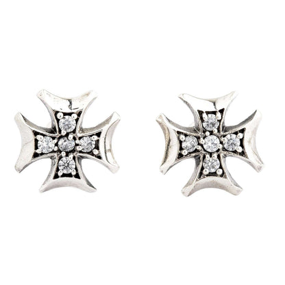 ต่างหูกางเขนไอรอนครอสเงินแท้ 925 CZ ใส — ด้านหน้าต่างหูทั้งคู่ เห็น CZ ห้าเม็ดต่อข้าง