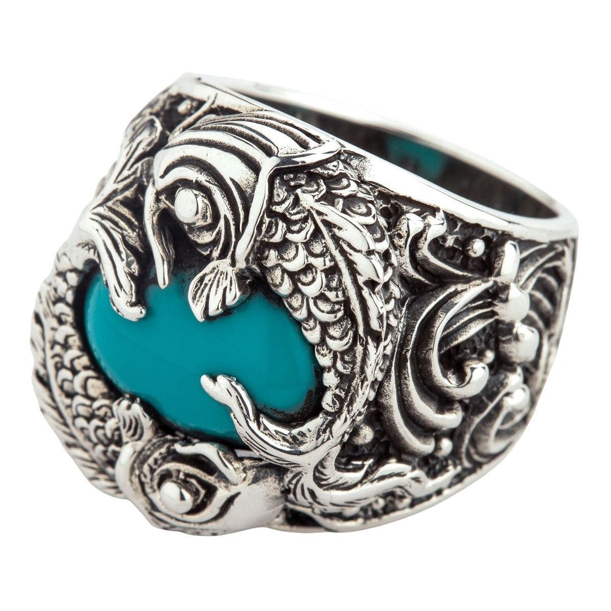 แหวนปลาคาร์ปคู่เทอร์ควอยซ์เงินแท้ 925 มุมเฉียงของปลาและลายเกล็ด