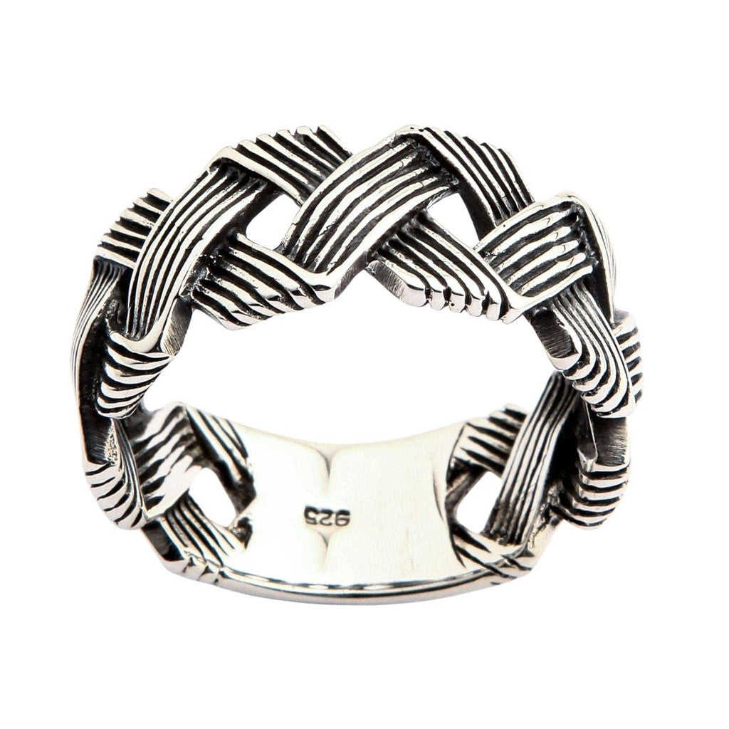 แหวนเงินแท้ 925 ลายสานคลื่นฉลุ กว้าง 10 มม. ลายสานด้านหน้า