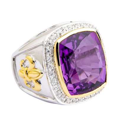 แหวนอเมทิสต์เงินแท้ 925 เฟลอร์เดอลิสชุบทอง 14K หน้าแหวนมุมเฉียง