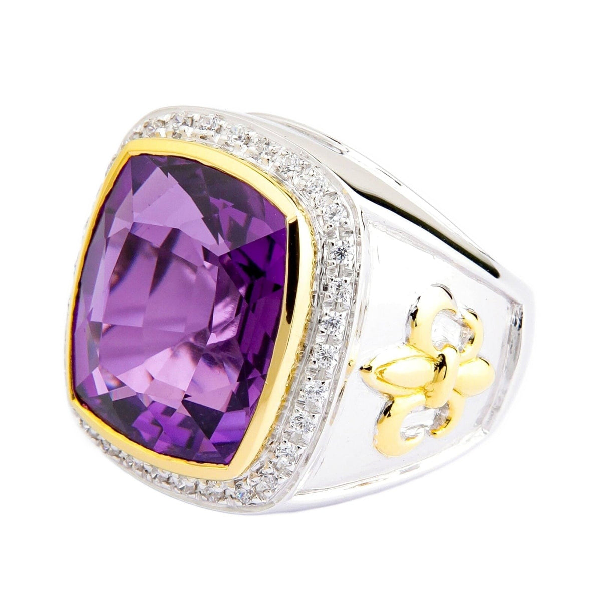 แหวนอเมทิสต์เงินแท้ 925 เฟลอร์เดอลิสชุบทอง 14K หน้าแหวนมุมเฉียงอีกด้าน