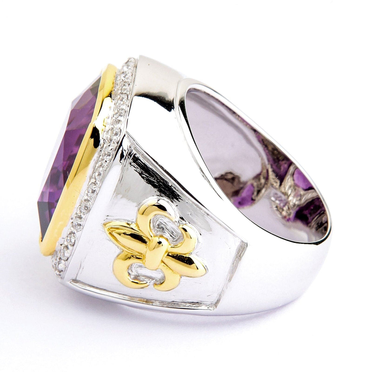 แหวนอเมทิสต์เงินแท้ 925 เฟลอร์เดอลิสชุบทอง 14K บ่าแหวนลายเฟลอร์เดอลิส