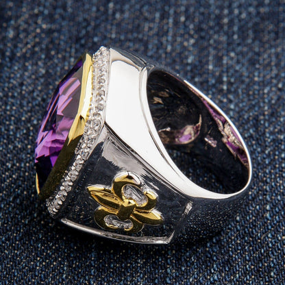 แหวนอเมทิสต์เงินแท้ 925 เฟลอร์เดอลิสชุบทอง 14K ลายเฟลอร์เดอลิสโทนทอง