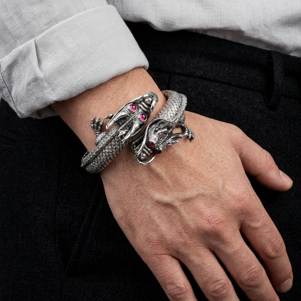 กำไลข้อมือเงินแท้ 925 มังกรคู่ตาทับทิม กำไลมังกรคู่สวมบนข้อมือ