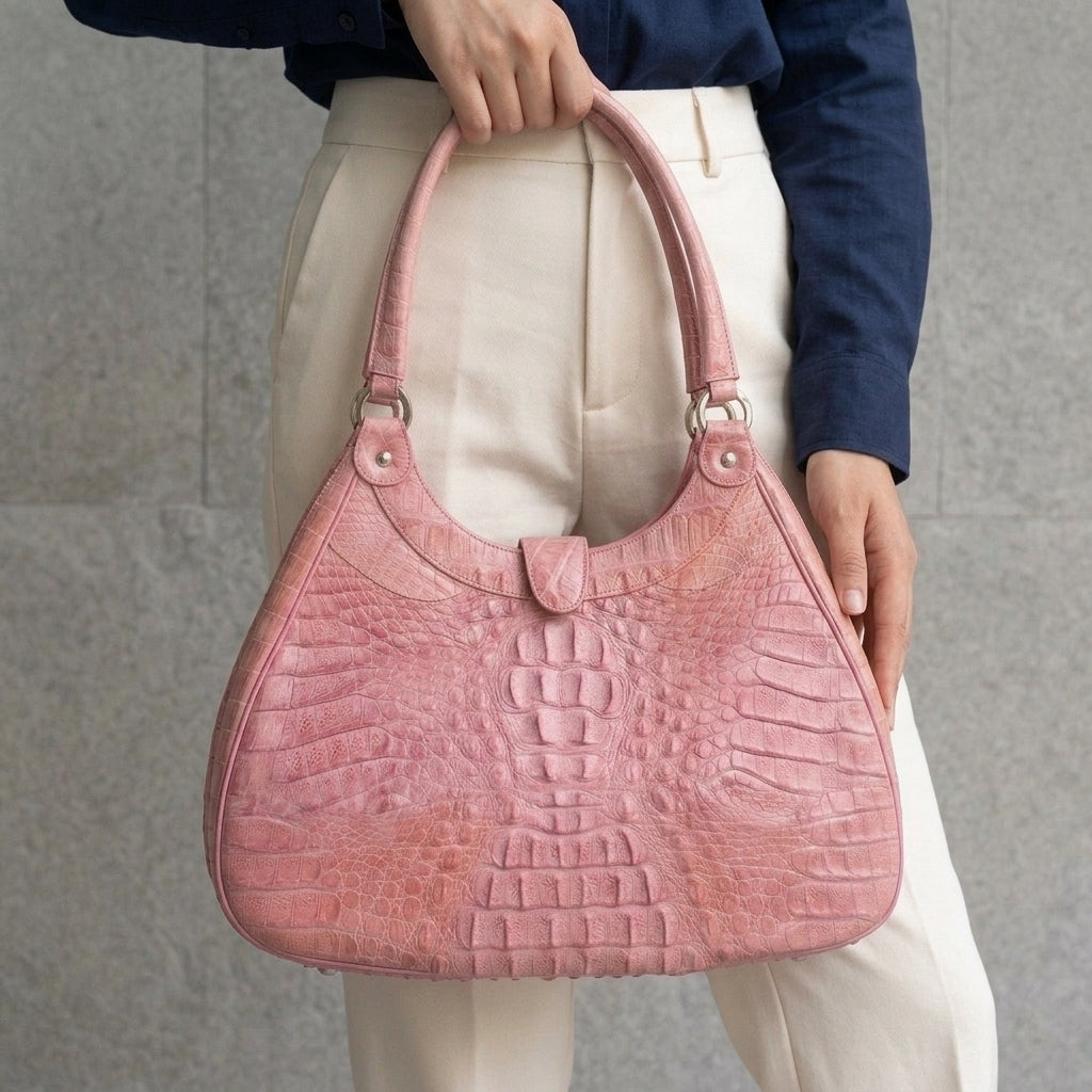 กระเป๋าสะพายหนังจระเข้สีชมพูซิปบน กระเป๋าหนังจระเข้สีชมพูถือข้างตัว แสดงสายสะพาย
