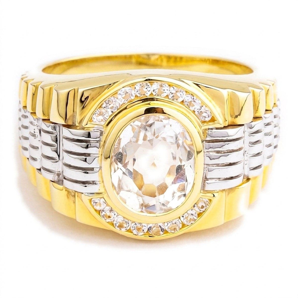 แหวนโทแพซใสเงินแท้ 925 สองโทนชุบทอง 14K ด้านหน้าเห็นโทแพซและกรอบ CZ