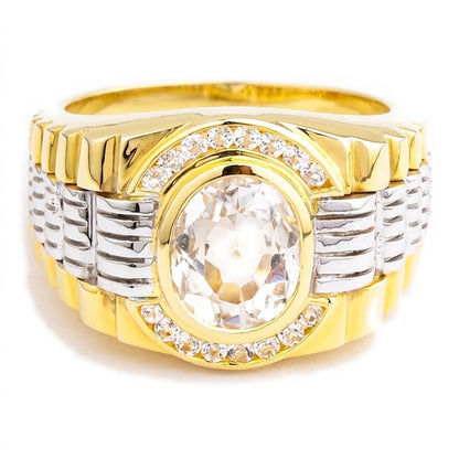 แหวนโทแพซใสเงินแท้ 925 สองโทนชุบทอง 14K ด้านหน้าเห็นโทแพซและกรอบ CZ