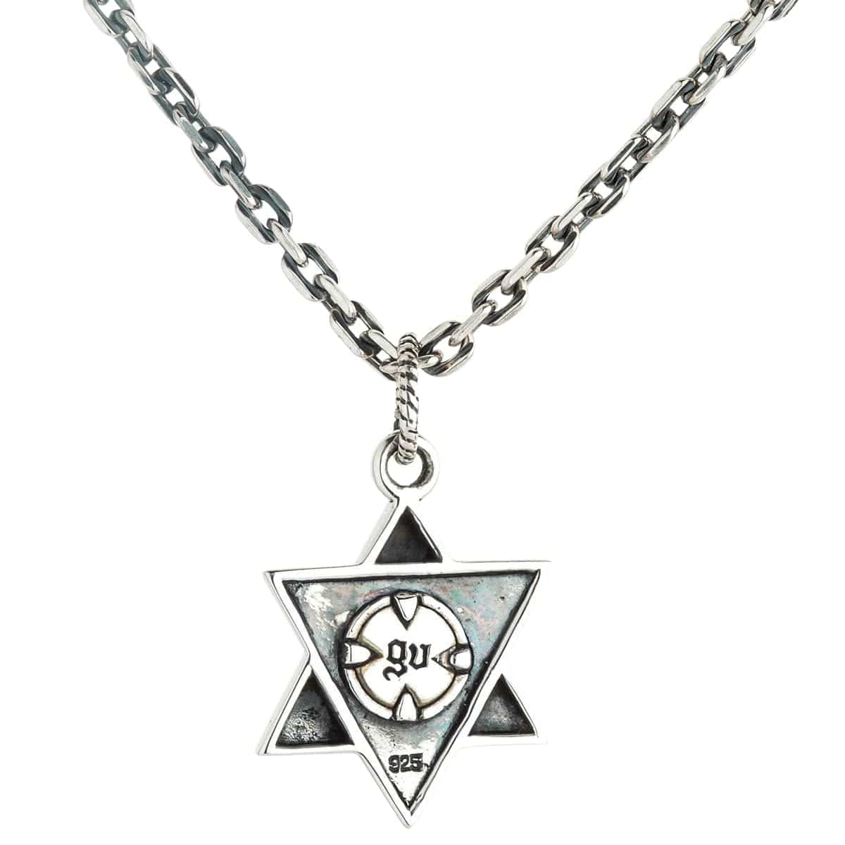 จี้เงินแท้ 925 ดวงตาสีน้ำเงินดาวหกแฉก ด้านหลังจี้ แสดงดาวโปร่งและตรา 925 บนโซ่ประกอบภาพ
