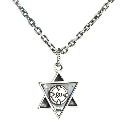 จี้เงินแท้ 925 ดวงตาสีน้ำเงินดาวหกแฉก ด้านหลังจี้ แสดงดาวโปร่งและตรา 925 บนโซ่ประกอบภาพ
