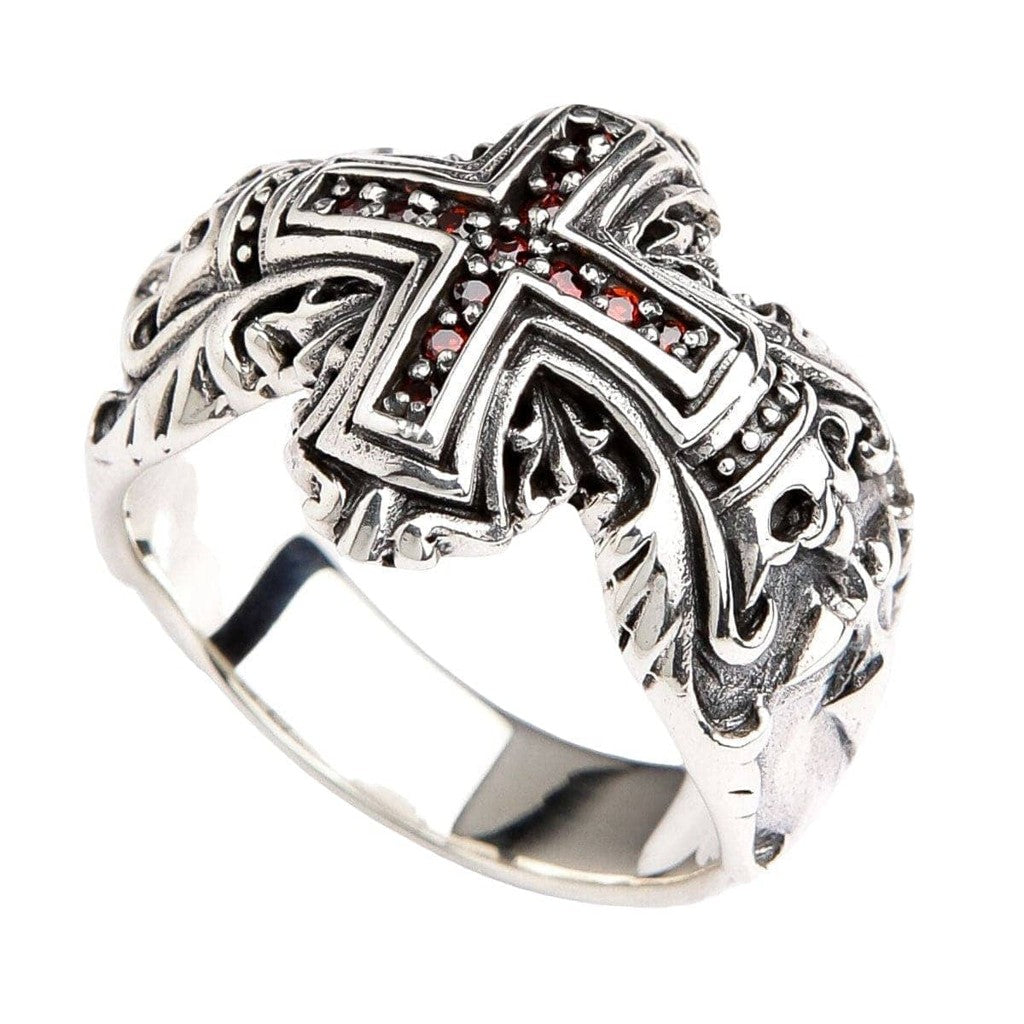 แหวนเงินแท้ 925 กางเขนยุคกลาง การ์เนต มุมเฉียงด้านหน้าหนึ่งด้าน