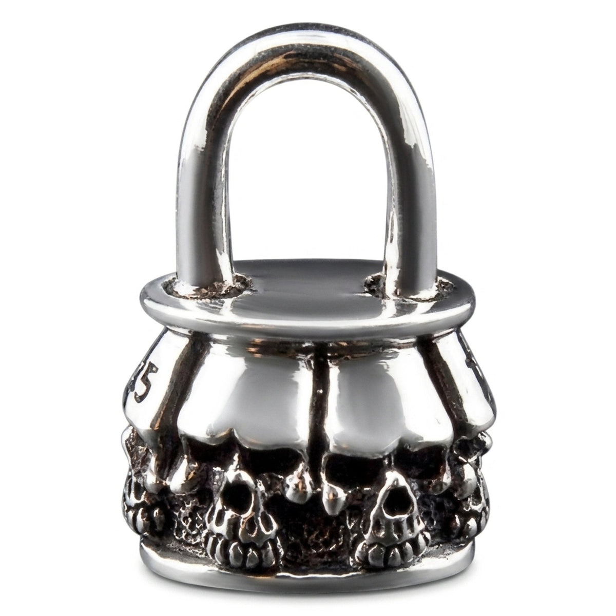 จี้เงินแท้ 925 แม่กุญแจกะโหลกหกหัว ภาพด้านหน้าของจี้