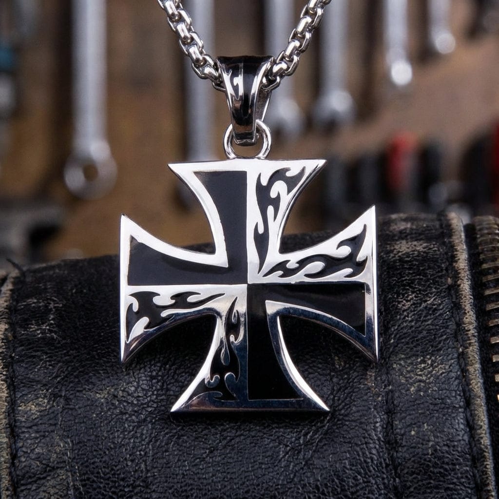 จี้กางเขนเงินแท้ 925 Maltese ลายเปลวไฟ ภาพจัดวางจี้บนพื้นผิว