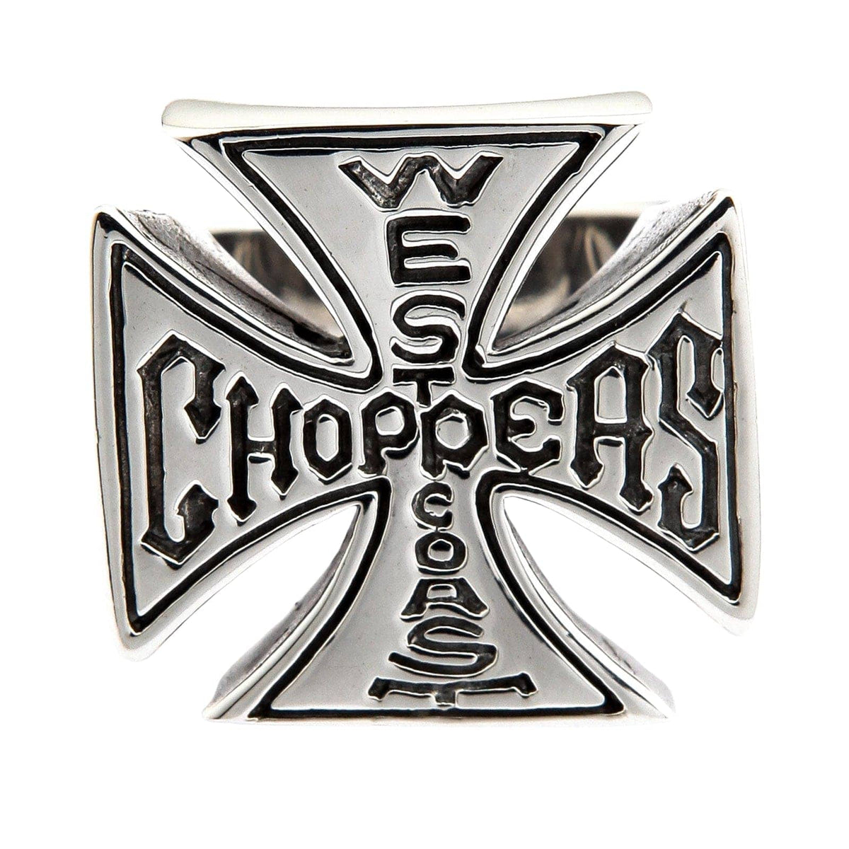 แหวนเงินแท้ 925 กางเขนอักษร West Coast Choppers มุมด้านหน้าเห็นลายหน้าวง