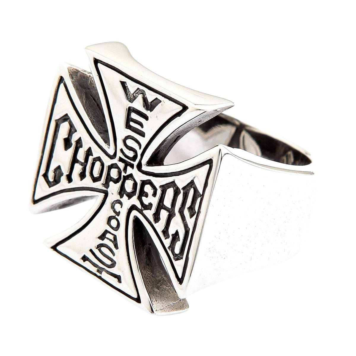 แหวนเงินแท้ 925 กางเขนอักษร West Coast Choppers มุมเฉียงด้านหน้าหนึ่งด้าน