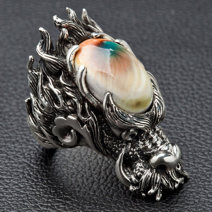แหวนเงินแท้ 925 มังกรใหญ่ ฝังเปลือกหอย Shiva มุมเฉียงด้านหน้าฝั่งตรงข้าม