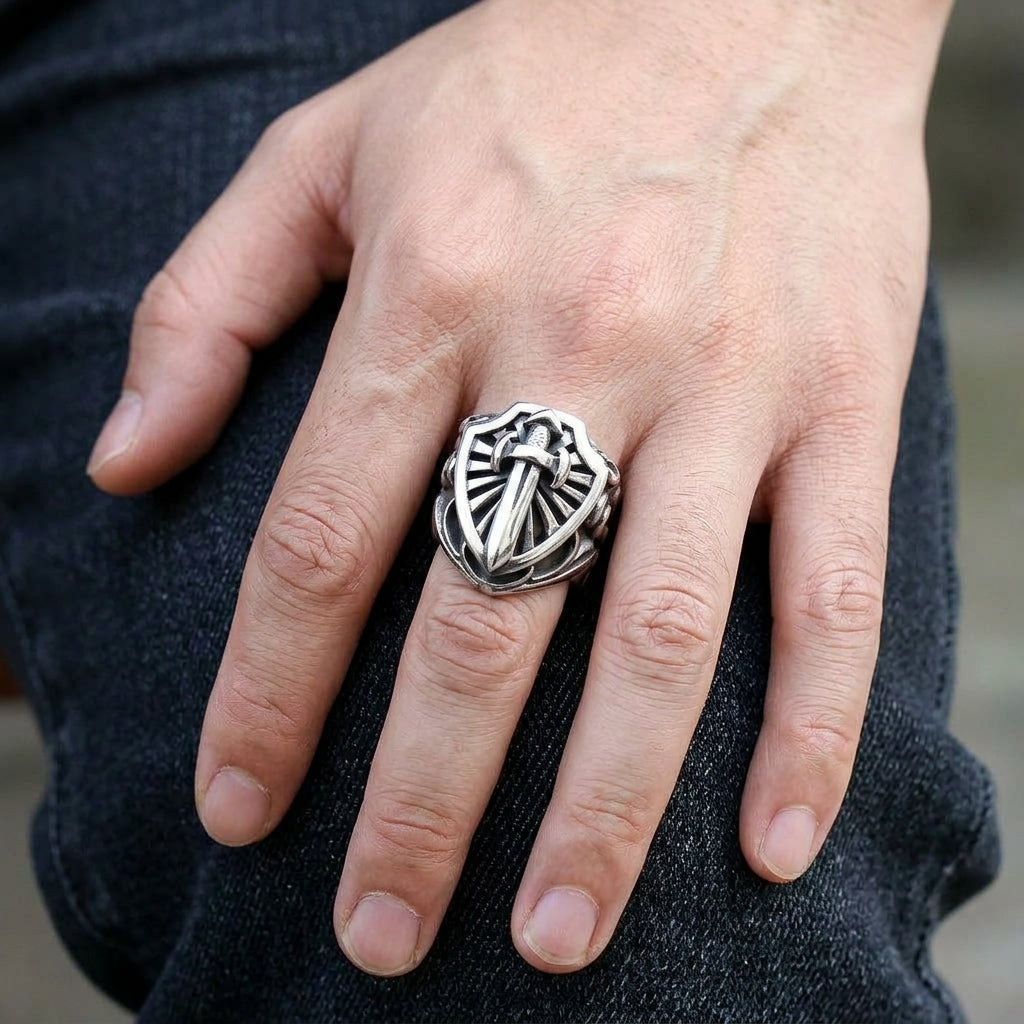 แหวนเงินแท้ 925 ดาบและโล่ ภาพสวมบนนิ้วมือ