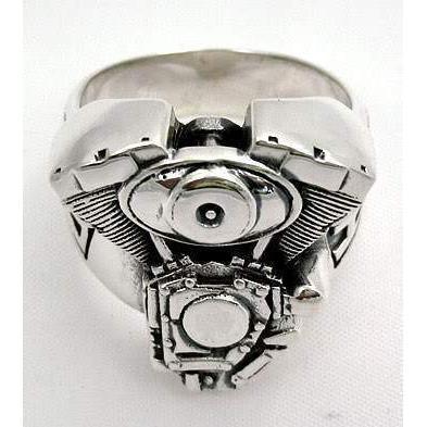 แหวนเงินแท้ 925 เครื่องยนต์มอเตอร์ไซค์ V-Twin มุมด้านบนเห็นหน้าวงและบ่า