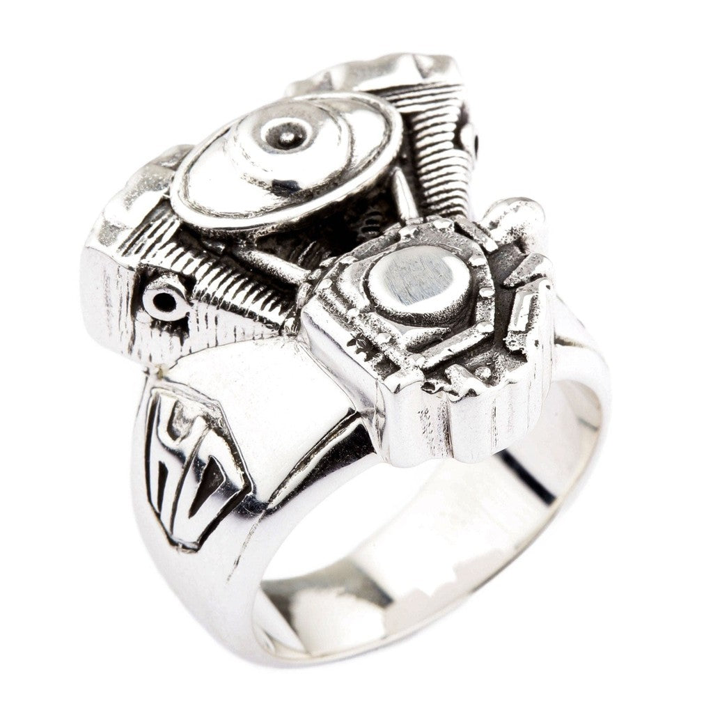 แหวนเงินแท้ 925 เครื่องยนต์มอเตอร์ไซค์ V-Twin มุมเฉียงด้านหน้าหนึ่งด้าน
