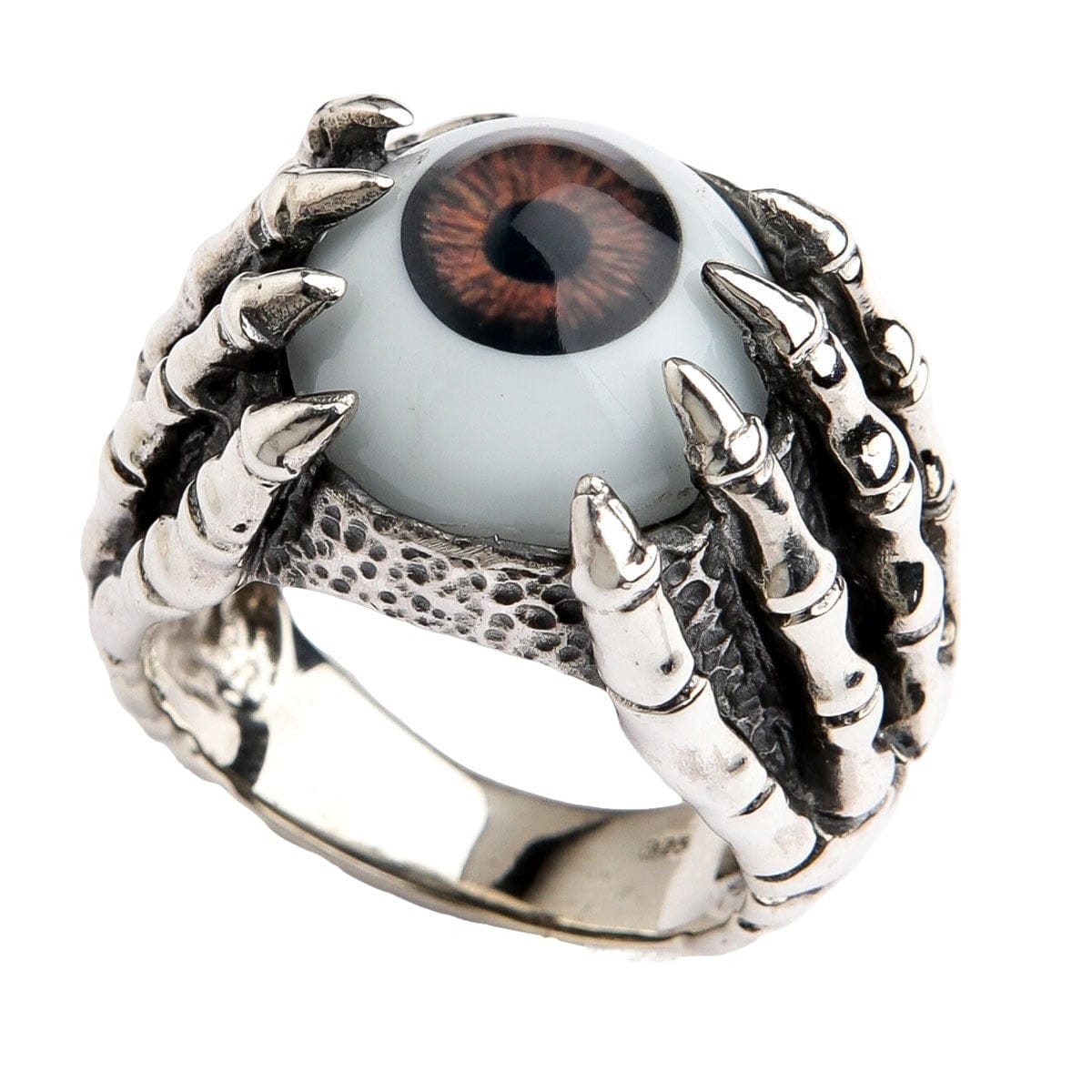 แหวนเงินแท้ 925 กรงเล็บลูกตาน้ำตาล มุมด้านบนเห็นหน้าวงและบ่า