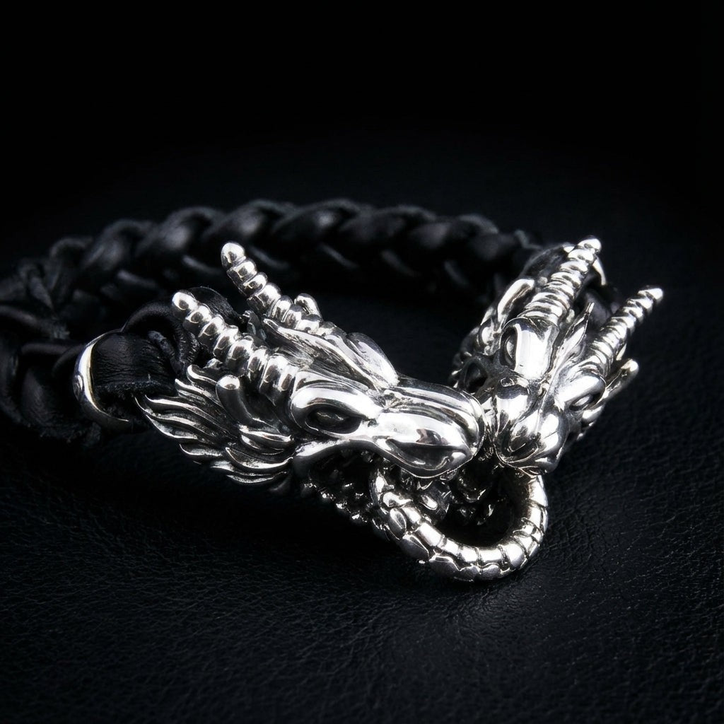 สร้อยข้อมือหัวมังกรคู่เงินแท้ 925 สายหนังถัก ภาพรายละเอียดลวดลายระยะใกล้