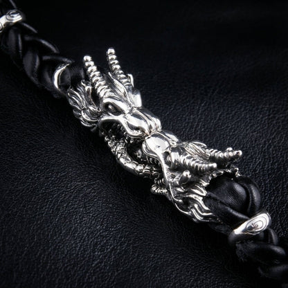 สร้อยข้อมือหัวมังกรคู่เงินแท้ 925 สายหนังถัก ภาพรายละเอียดข้อสร้อย
