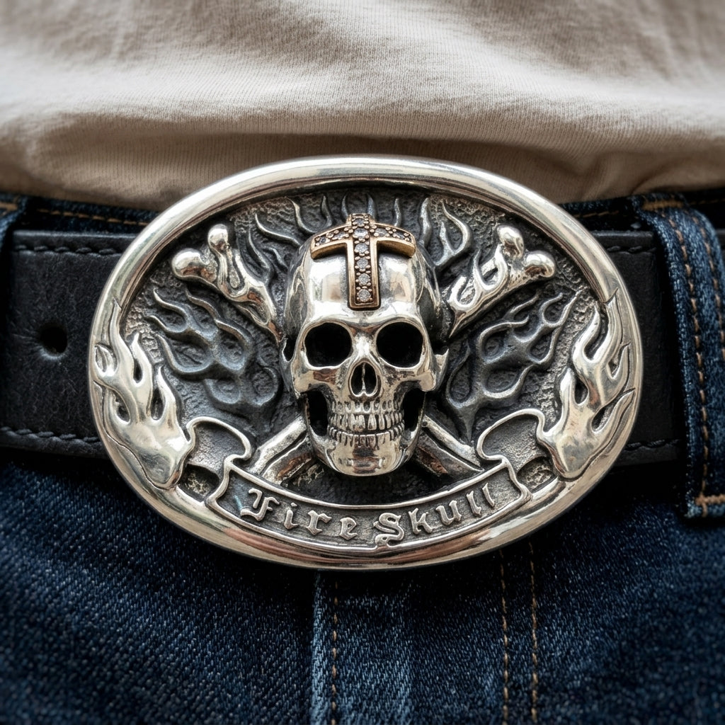 หัวเข็มขัดกะโหลกกางเขน Fire Skull เงินแท้ 925 ภาพคล้องหรือสวมกับเสื้อผ้า