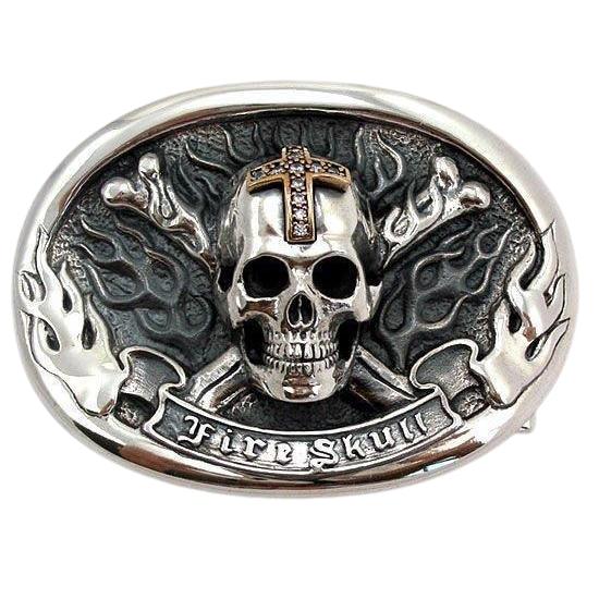 หัวเข็มขัดกะโหลกกางเขน Fire Skull เงินแท้ 925 ภาพด้านหน้า