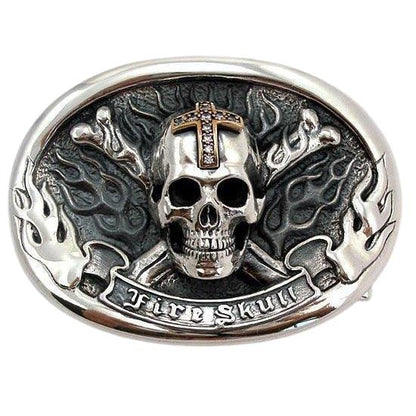 หัวเข็มขัดกะโหลกกางเขน Fire Skull เงินแท้ 925 ภาพด้านหน้า