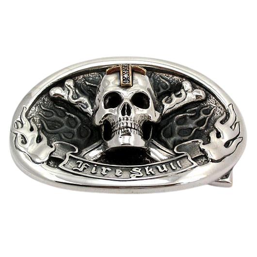 หัวเข็มขัดกะโหลกกางเขน Fire Skull เงินแท้ 925 ภาพมุมเฉียง