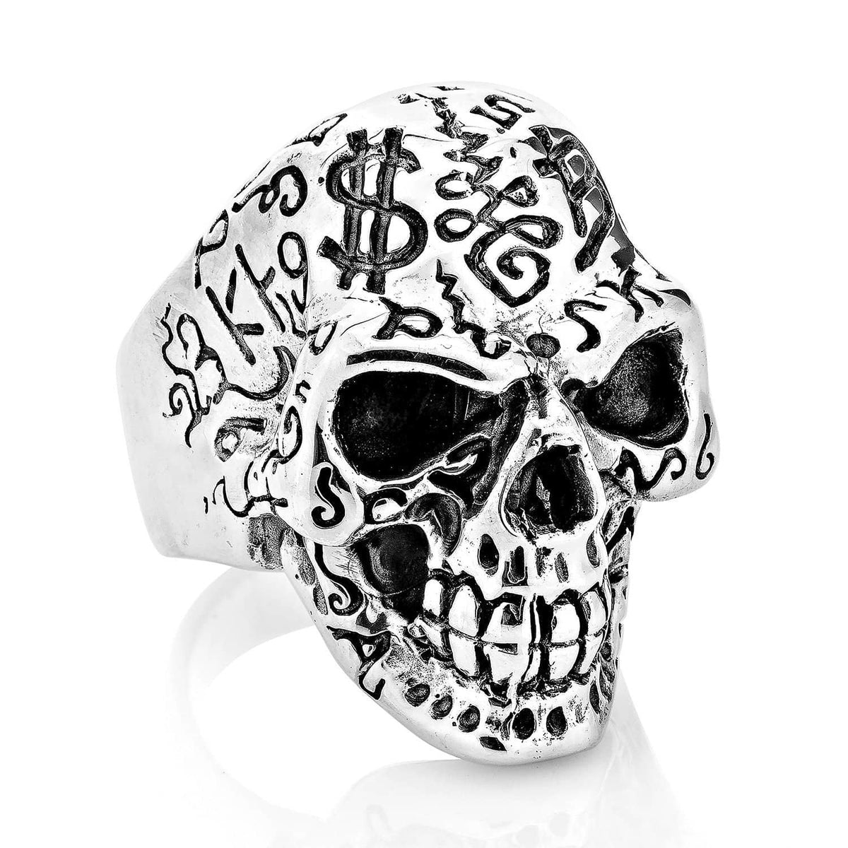 แหวนเงินแท้ 925 กะโหลกลายสัก Tattoo Skull มุมเฉียงเห็นลายสักบนหน้าผาก