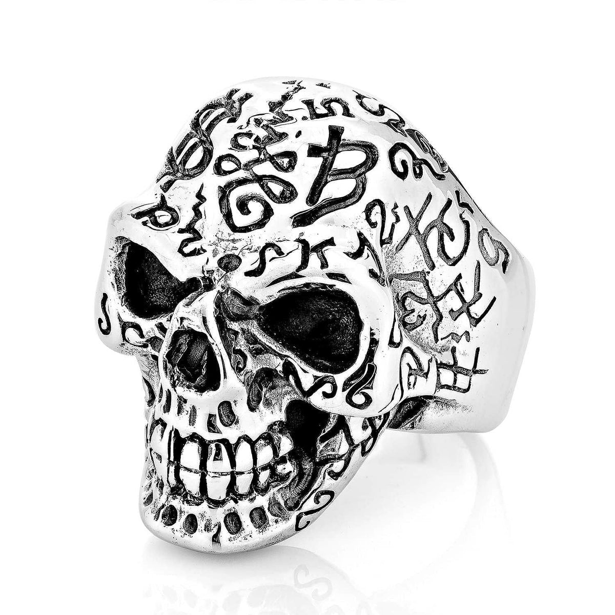 แหวนเงินแท้ 925 กะโหลกลายสัก Tattoo Skull มุมเฉียงอีกด้านเห็นสัญลักษณ์และฟัน