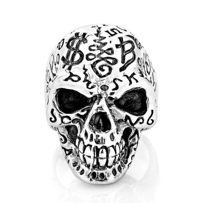 แหวนเงินแท้ 925 กะโหลกลายสัก Tattoo Skull มุมหน้าเห็นลายบนหน้าผากและเบ้าตา