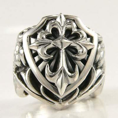 แหวนเงินแท้ดีไซน์กางเขนเงินใหญ่แกะรูปดาบด้านข้าง