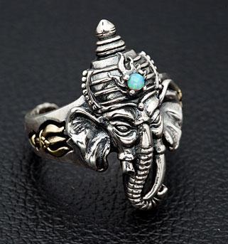 แหวนเงินแท้ดีไซน์พระพิฆเนศฝังหินสีฟ้า