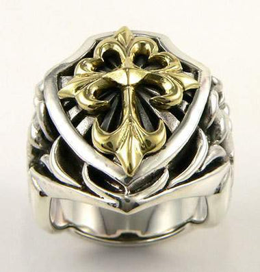 แหวนเงินแท้กางเขนทองใหญ่แกะรูปดาบด้านข้าง