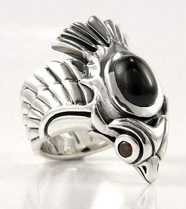 แหวนนกฟินิคซพลอยดำออนิคตาแดง