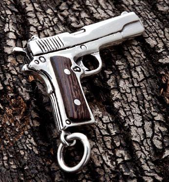 จี้เงินแท้ ดีไซน์ปืนสั้นแต่งไม้