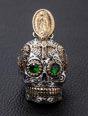จี้เงินแท้ดีไซน์หัวกะโหลกฉลุลายกางเขนและดอกไม้
