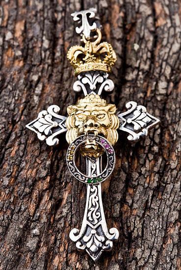 จี้เงินแท้ดีไซน์กางเขนสิงโตหรูหรา