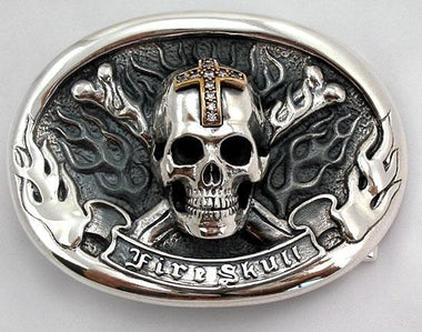 หัวเข็มขัดเงินแท้ ดีไซน์กะโหลก Skull Crossbones Biker Buckles