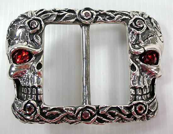 หัวเข็มขัดเงินแท้ ดีไซน์กะโหลกฝังตาแดง Skull Rose Belt Buckle