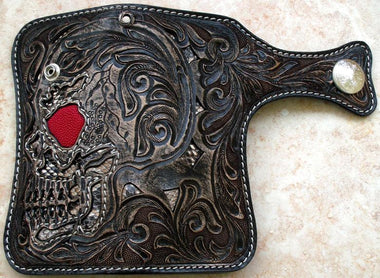 กระเป๋าหนังแท้ฉลุหัวกะโหลกไรเดอร์กระเบนแดงและหนังงู