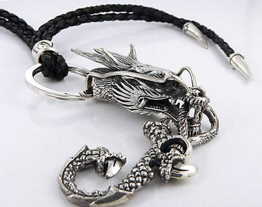 พวงกุญแจเงินแท้ หนังแท้ ดีไซน์มังกร