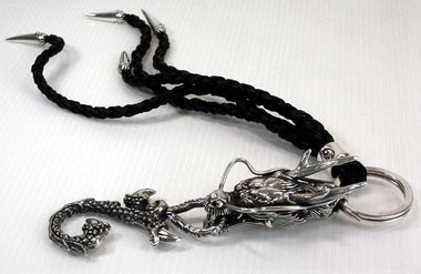 พวงกุญแจเงินแท้ หนังแท้ ดีไซน์มังกรฝังตาแดง