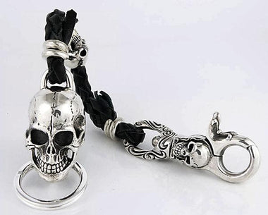 พวงกุญแจเงินแท้และสายหนังแท้ หัวกะโหลกใหญ่ รหัส1287