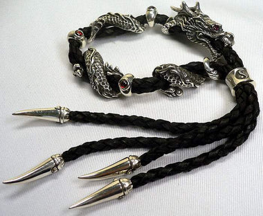 สร้อยข้อมือเงินแท้ ดีไซน์มังกรเลื้อยบนสายหนังแท้ รหัส 1108